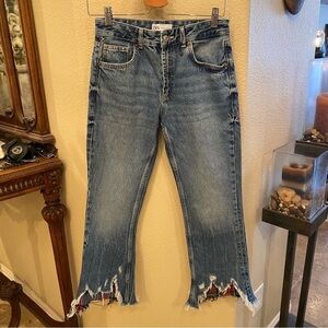 NWOT~ZARA Women Blue Raw Frayed Distressed Plaid Hem Jeans Size 2